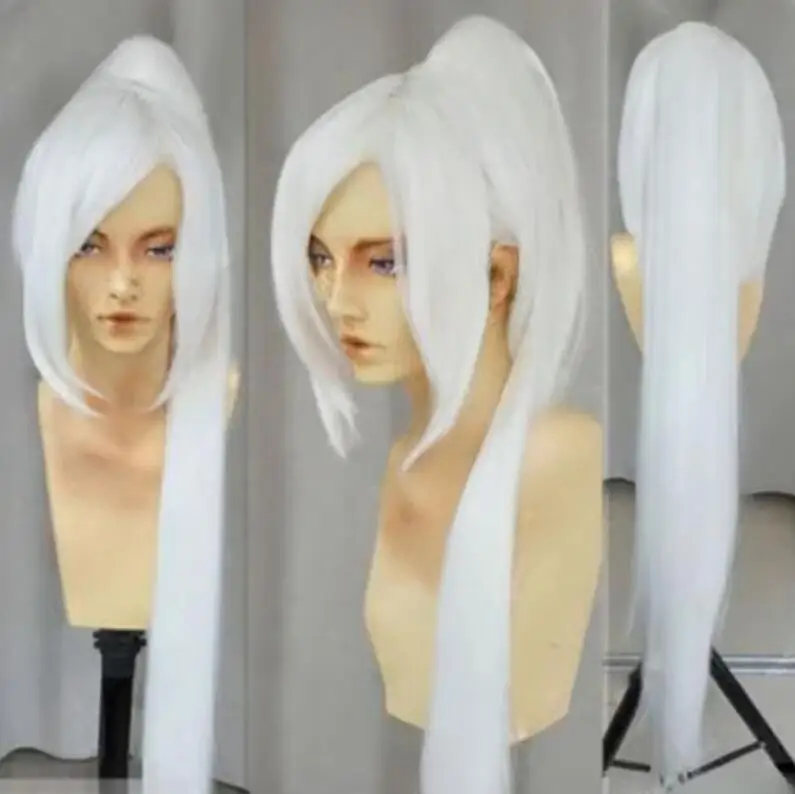 free shipping Popular new Long white Cosplay Straight Wig + one clip on Ponytails