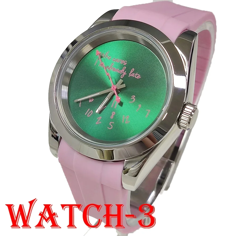 39mm man NH35 Silver Watch Who cares I'm already late sapphire crystal NH35A movement stainless steel digital dial pink hand