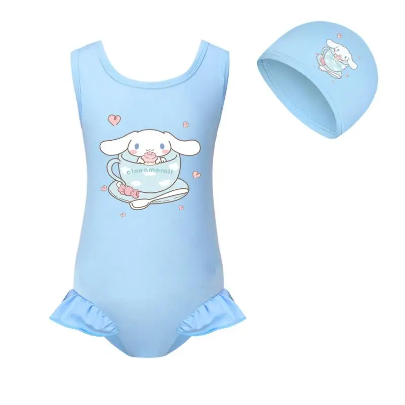 Kawaii Cinnamoroll maiô para crianças, cap de natação, biquíni bonito dos desenhos animados, swimwear secagem rápida, meninas praia banho natação, presente de verão