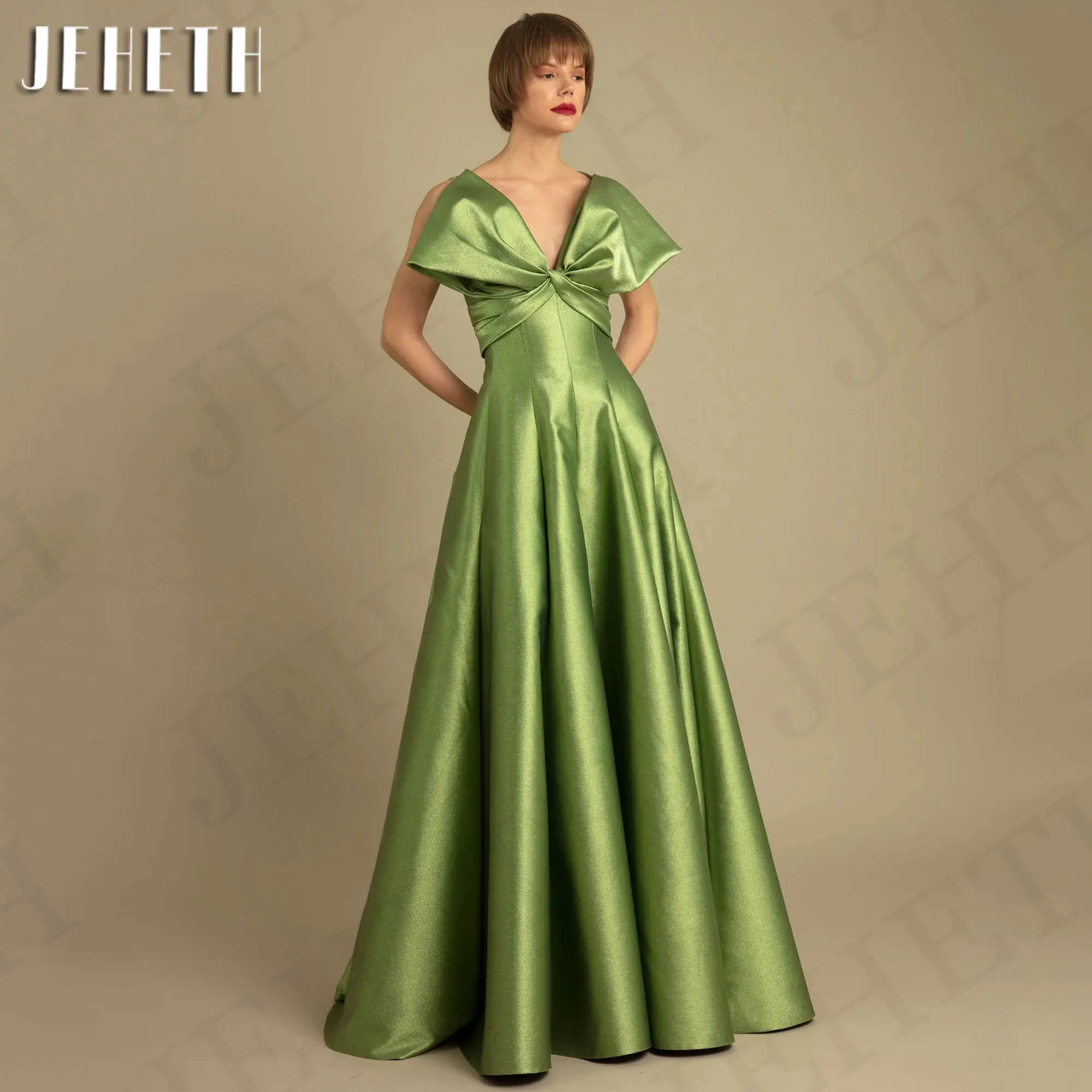 JEHETH Green Satin Evening Dresses Saudi Arabia V Neck Bow A Line Graduation Dress فساتين حفلة موسيقية Sleeveless Floor Length