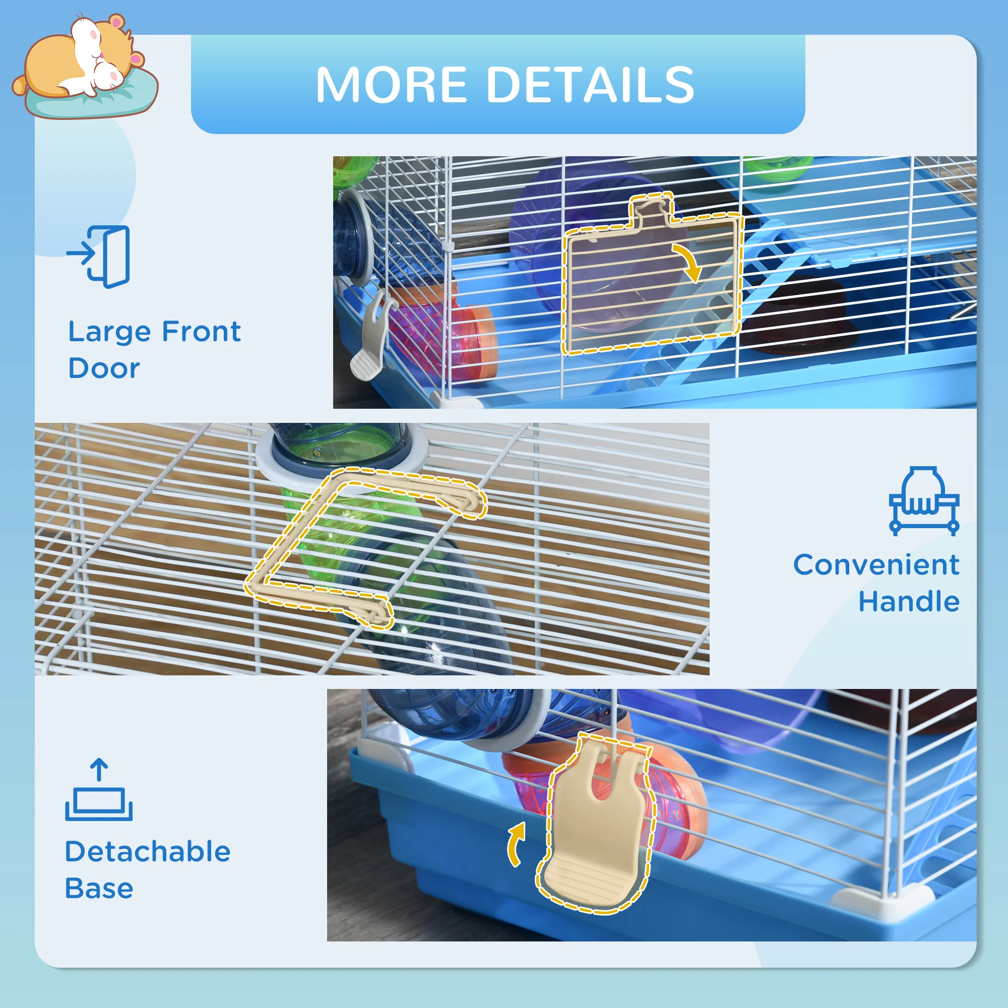 Pawhut 2 Tier Hamster Cage, Gerbil Cage with Exercise Wheels, Tunnel, Tube, Water Bottle, Dishes, Ladder, for Dwarf, Blue