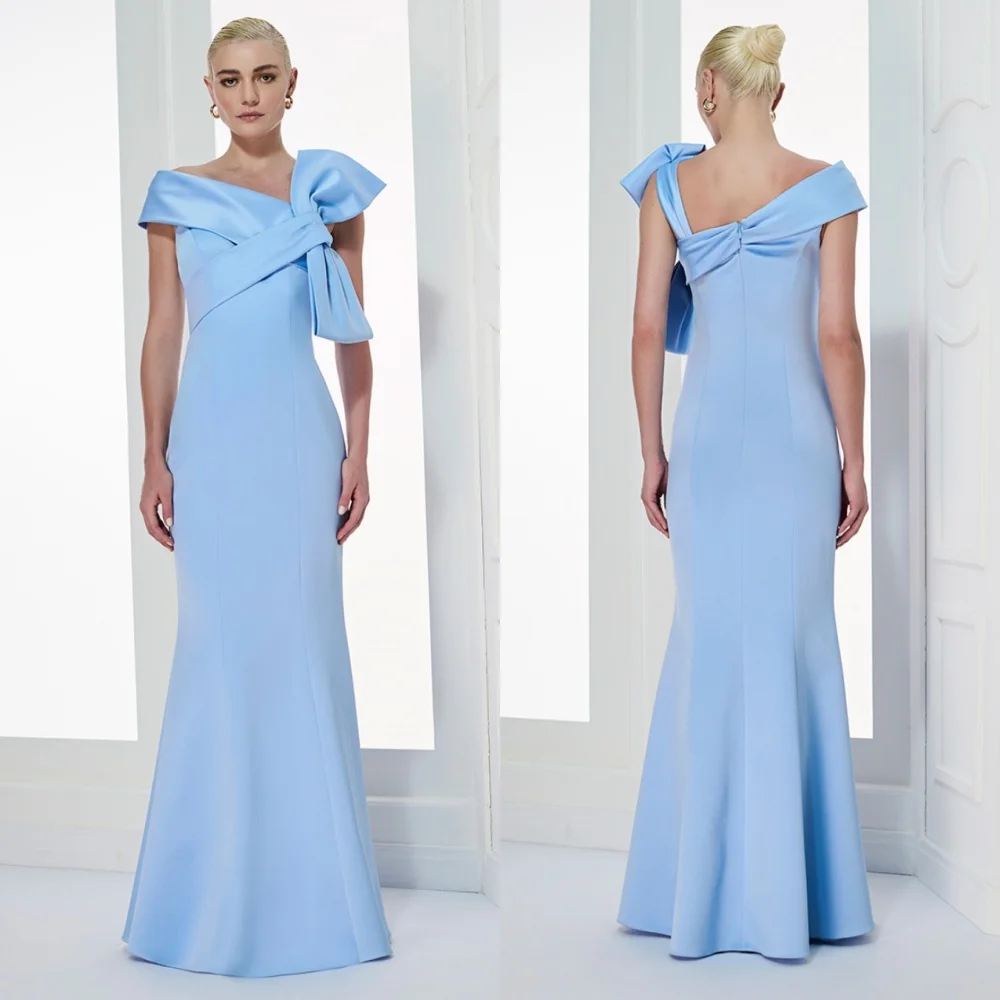 

Customized High Quality Jersey Pleat Bow Trumpet V-neck Long Dresses Bespoke Occasion Dresses Sizes Available Simple