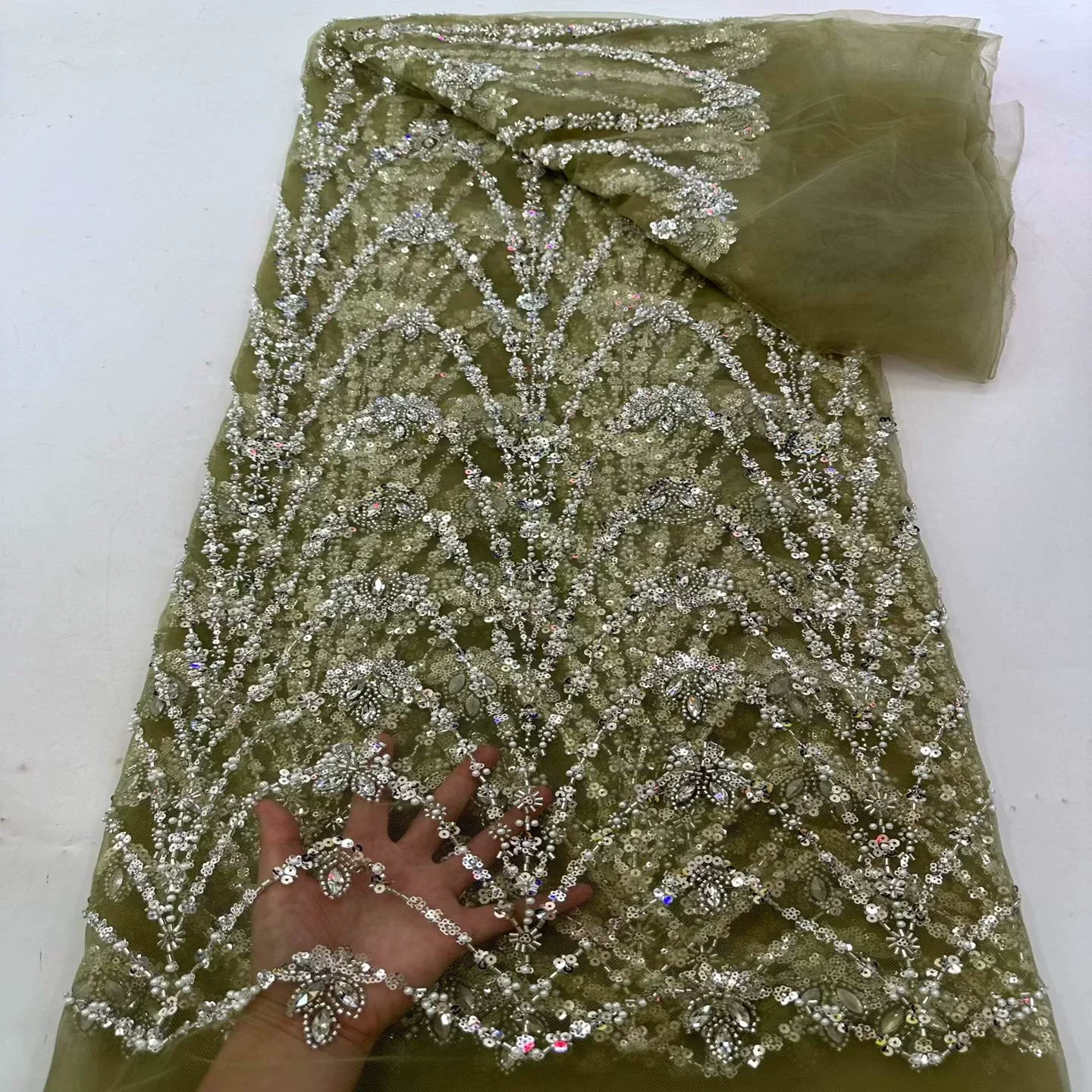 

5yard soft mesh telas Pearl tube sequin embroidery fabrics for patchwork clothing cheongsam Wedding dresses DIY handmade fabric