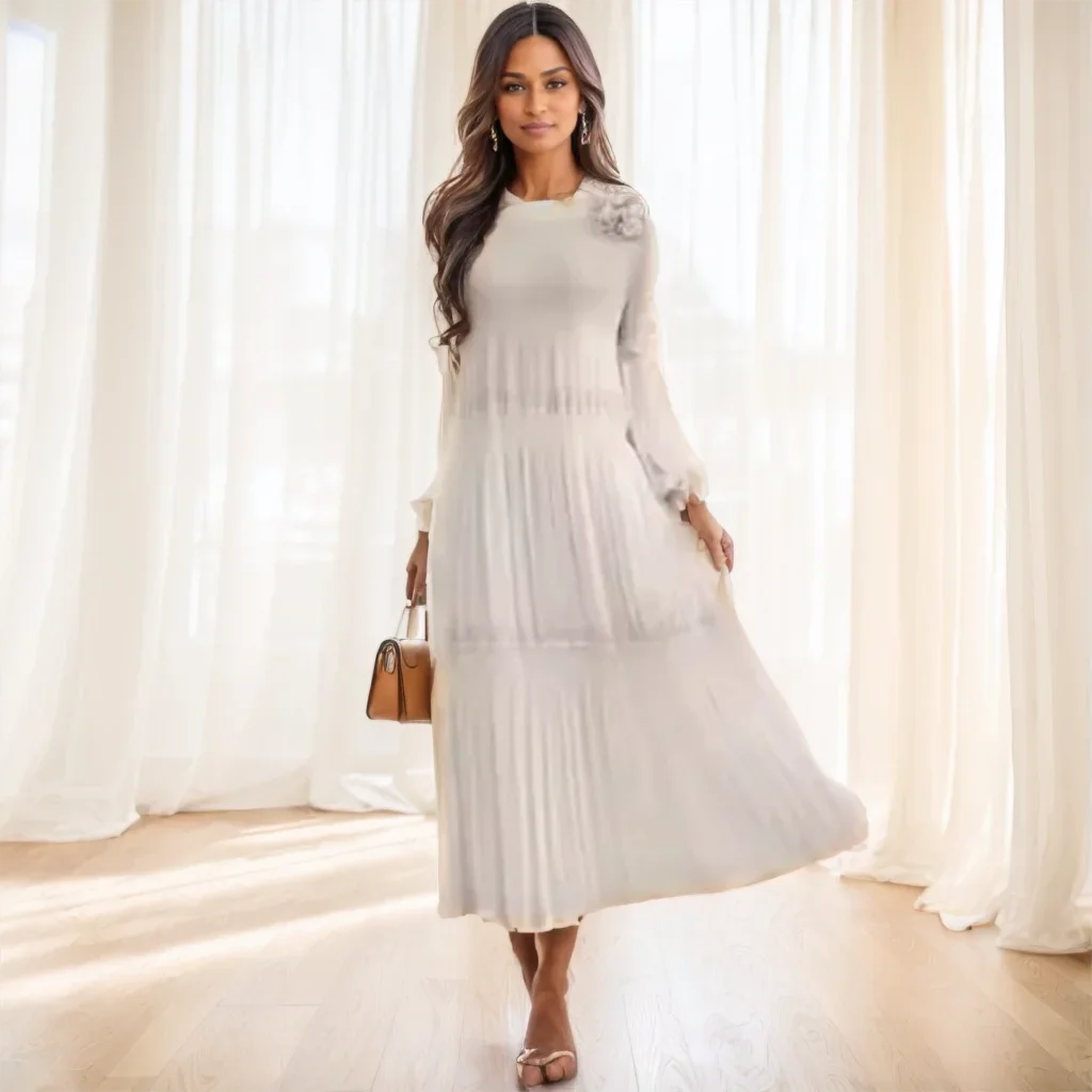 

Miyake Pleated Dress Women's 2026 New Solid Color Stitching 3d Flower Round Neck Lantern Sleeves Loose Large Size Pleated Skirt