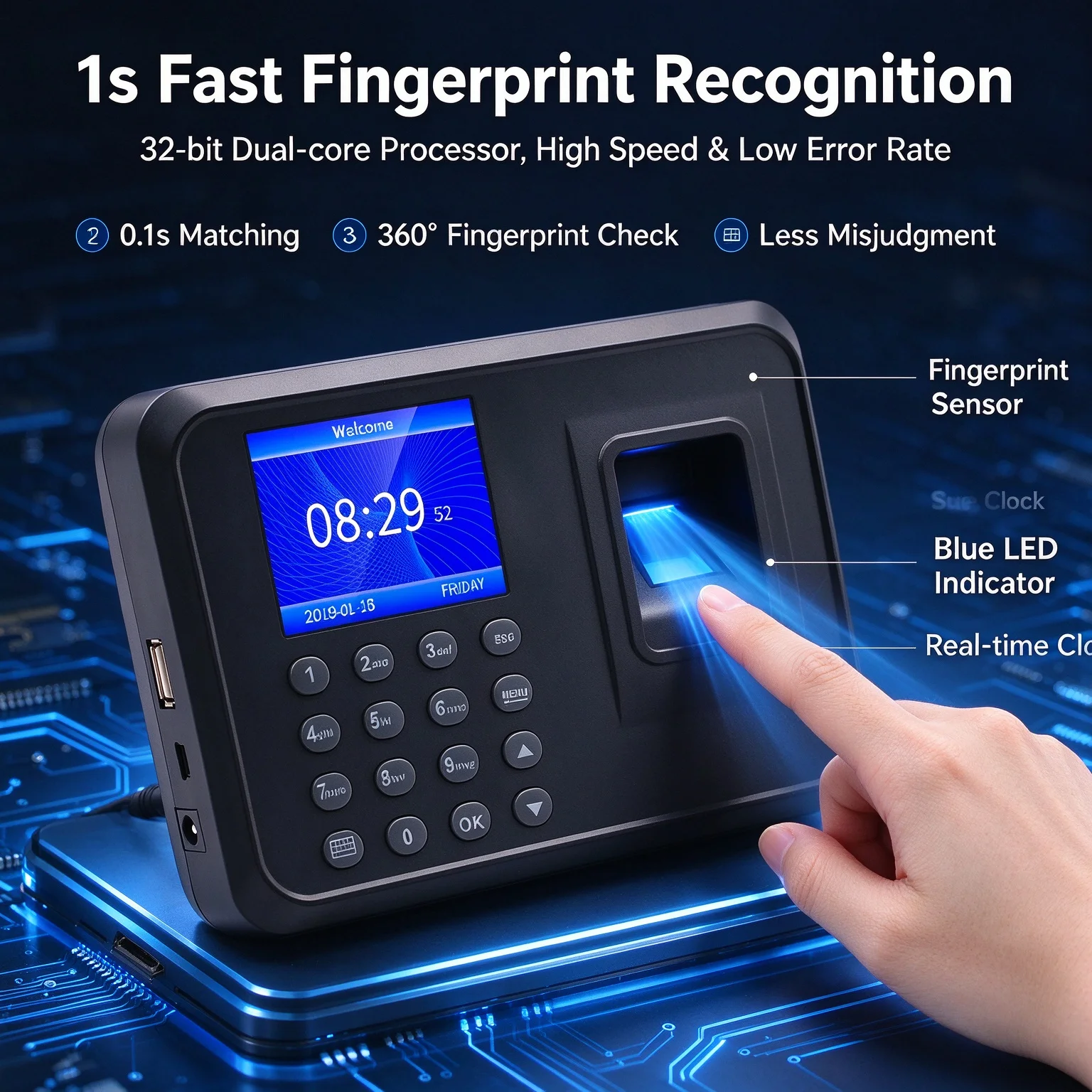 Fingerprint Time Attendance Machine 1s Fast Recognition 1000 Fingerprints 100000 Records Voice Prompt USB Backup LCD