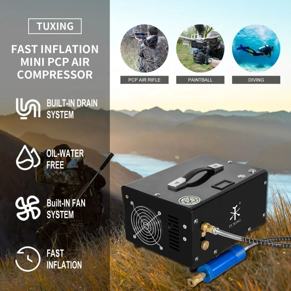 TUXING OEM ODM Factory Portable 12V Mini Scuba Diving Underwater Breathing Tank Paintball Oil-Free High Pressure Air Compressor