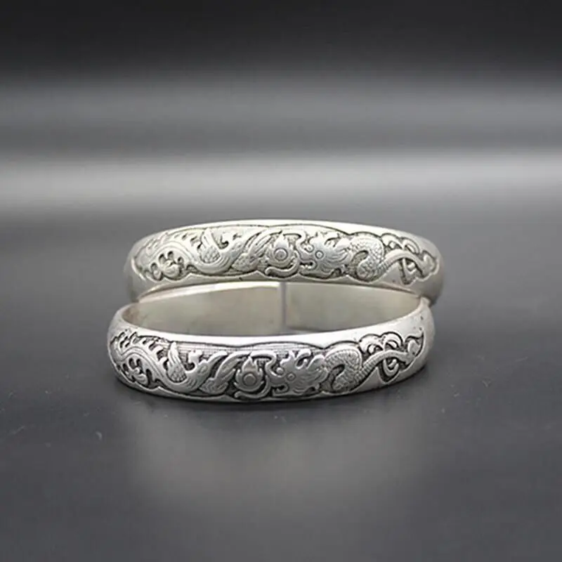 Chinese Alloy Silver-Tone Dragon Phoenix Bangle Pair Fu Shou Character Open Cuff Bracelet Curio Collectible Jewelry Ornament