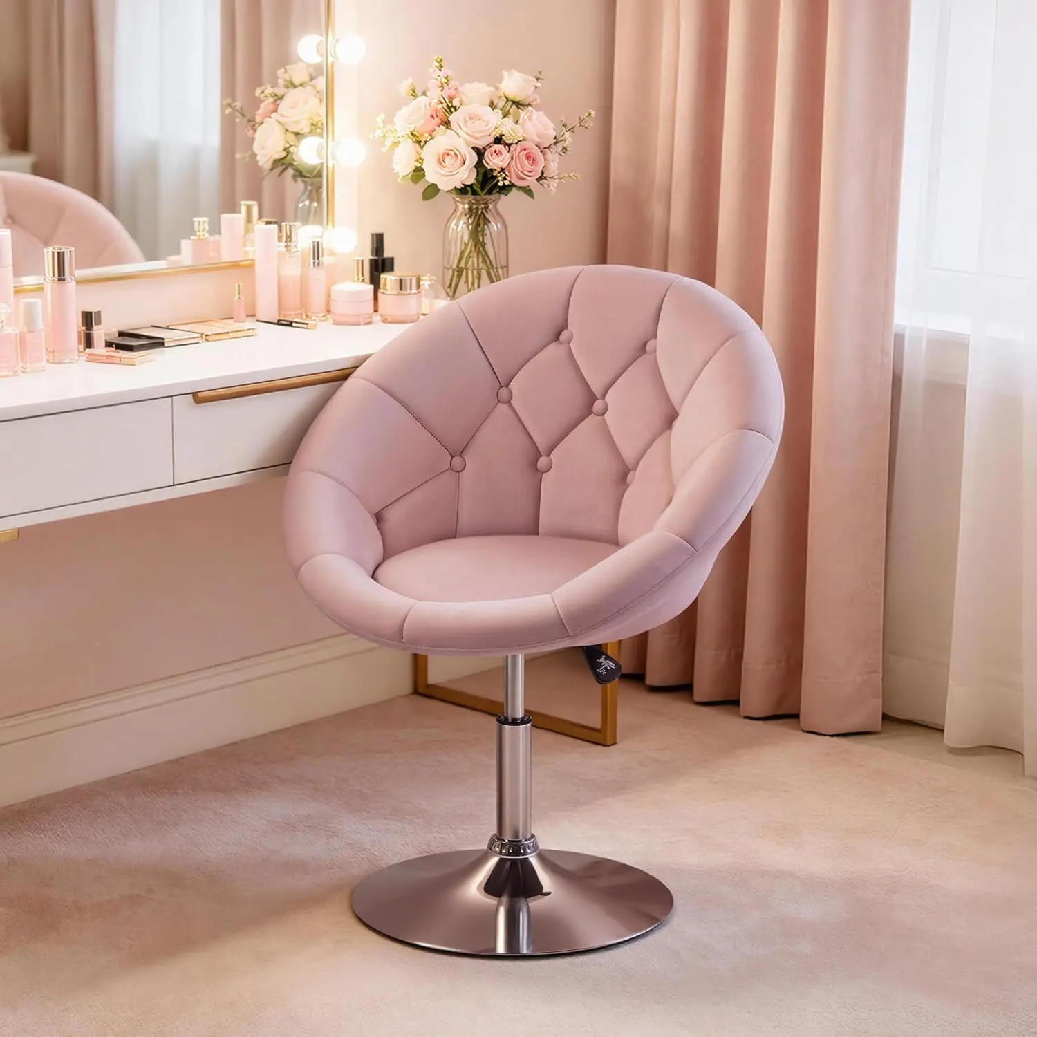 Adjustable Swivel Vanity Chair, Velvet Pink Vanity Chair