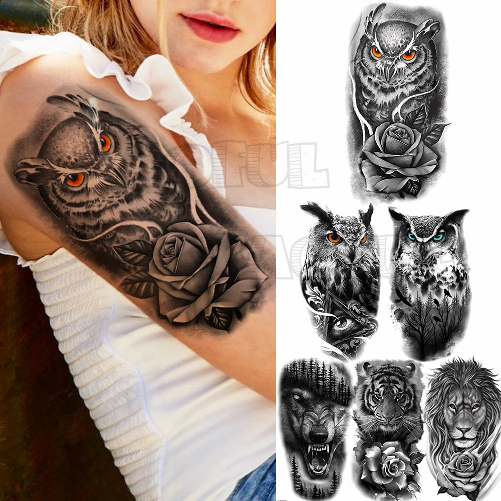 

3D Owl Rose Flower Temporary Tattoos For Women Men Realistic Fake Wolf Tiger Lion Tattoo Sticker Forearm Waterproof Tatoos