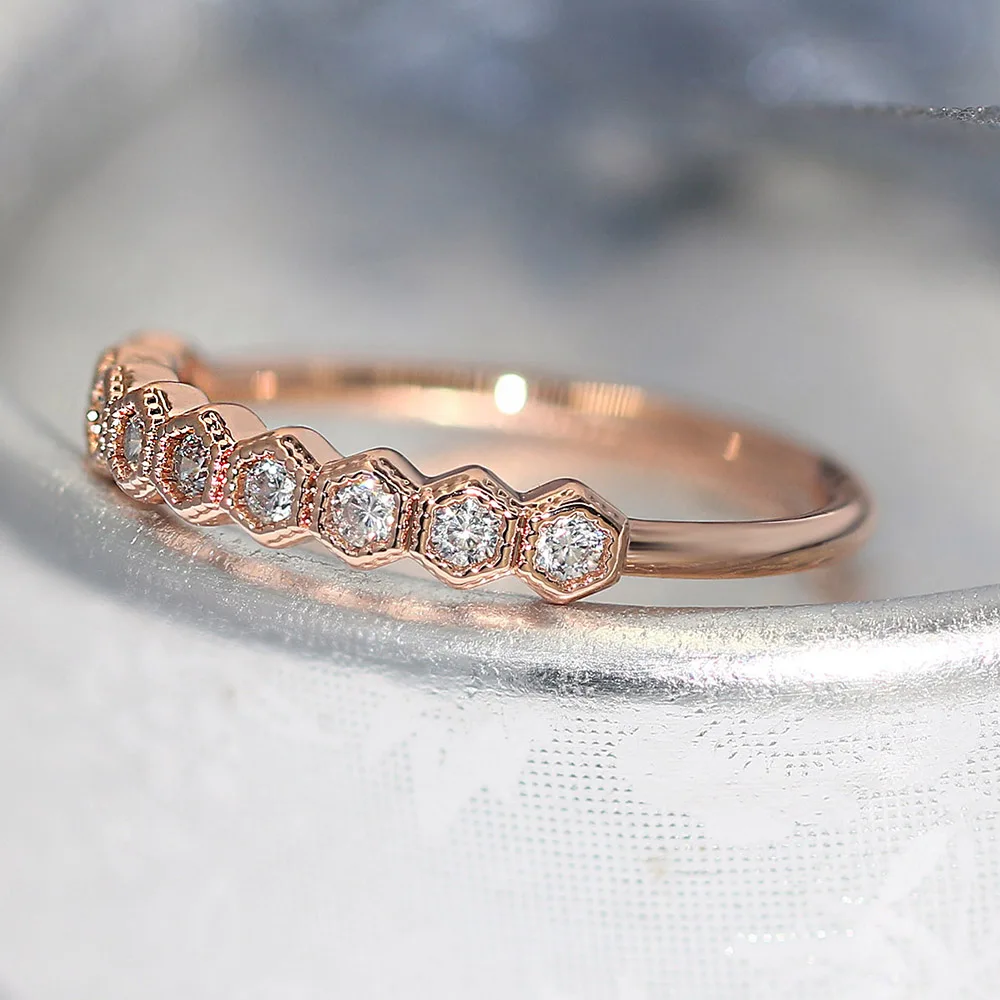 ZHOUYANG Dainty Ring For Women Girls Simple Geometric Hexagone Zircon Rose Gold Color Daily Gift Fashion Jewelry R919