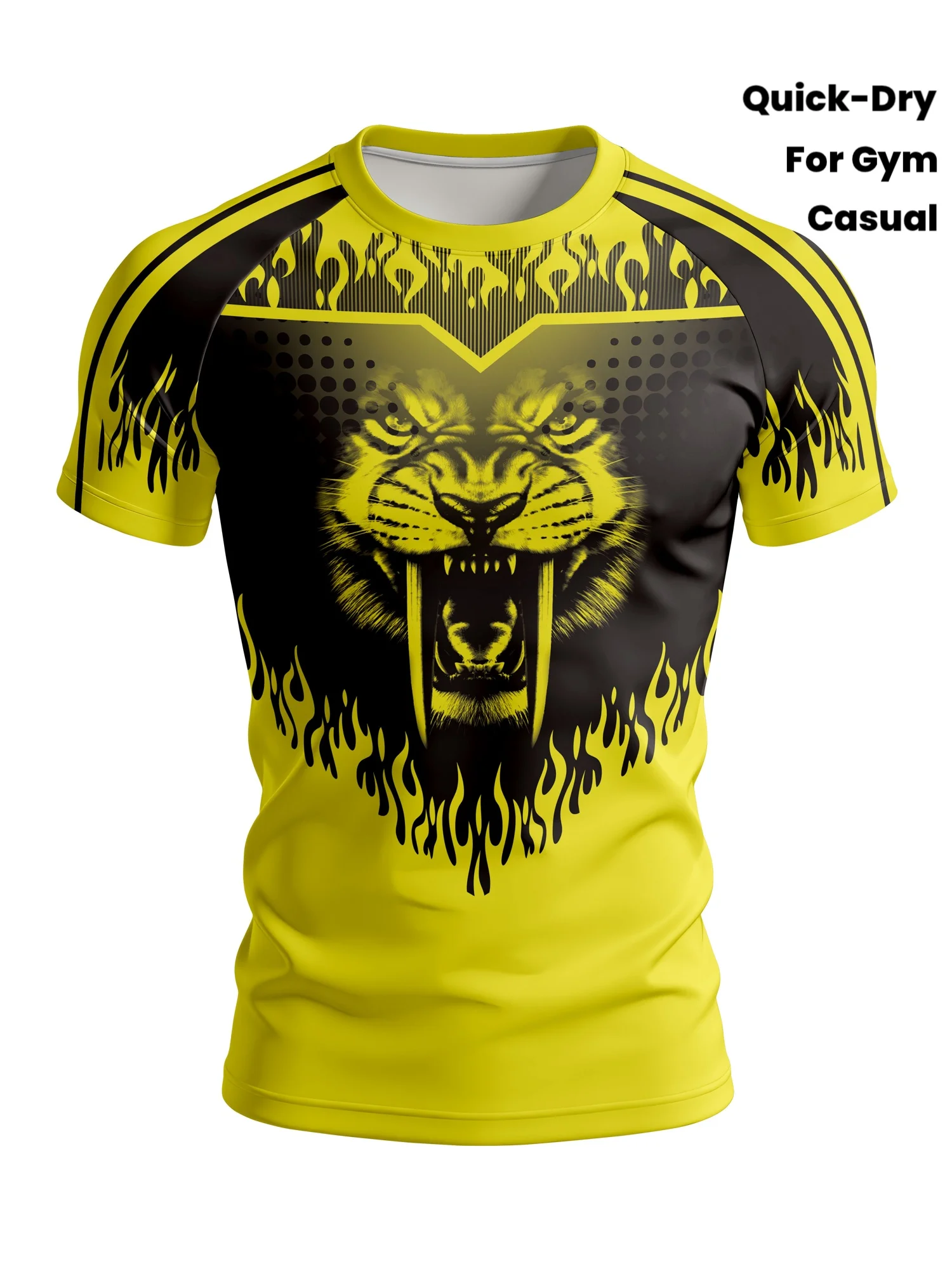 Men Sports Tee High Elastic Quick Dry Breathable Yellow Tiger Flame Print Gym Workout Casual Training Top