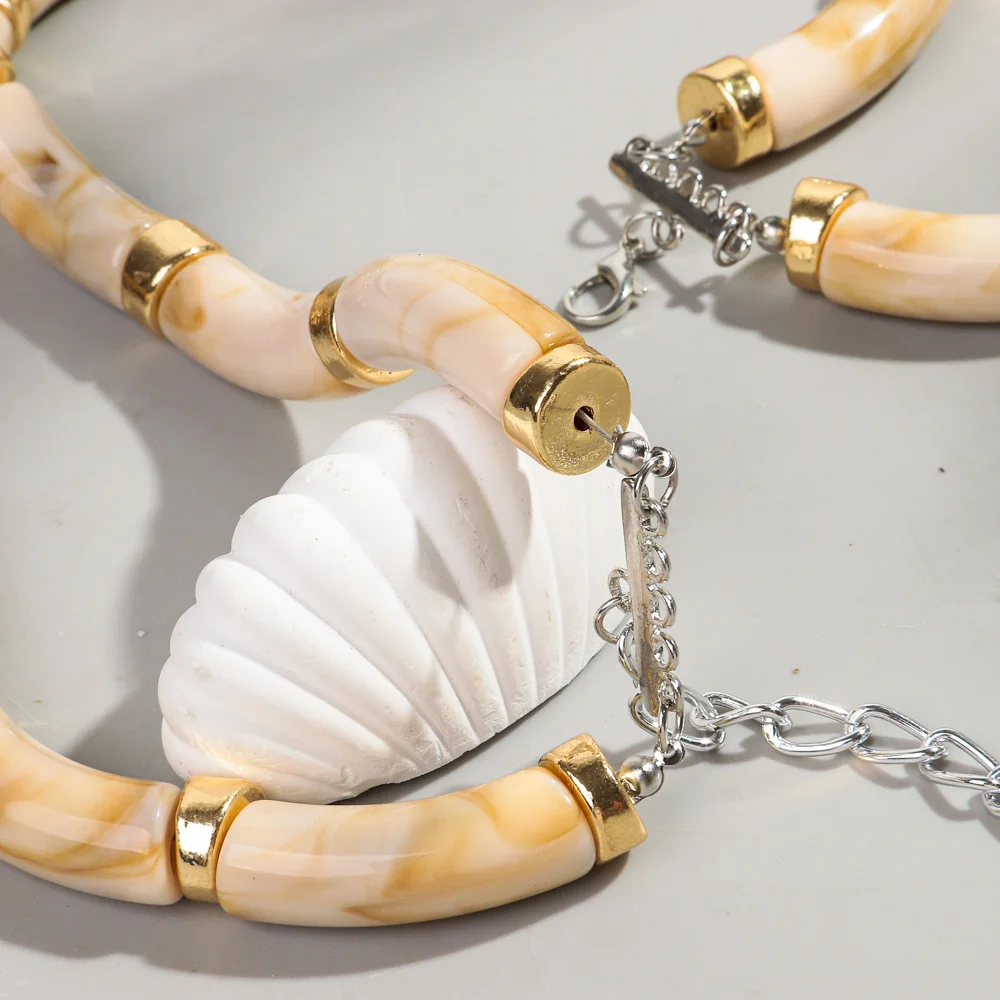 Neue Acryl-Doppelschicht-Bambus-Perlenkette für Damen, Statement-Halskette mit gebogenem Rohr, Stapel-Choker, Armband, Retro-Schmuck, Collier, Geschenk – Detail 7