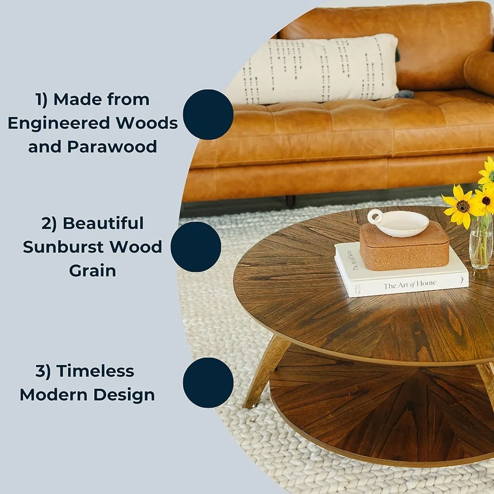 Round Wood Brown Living Room Coffee Table With Storage Shelf,Coffee Table