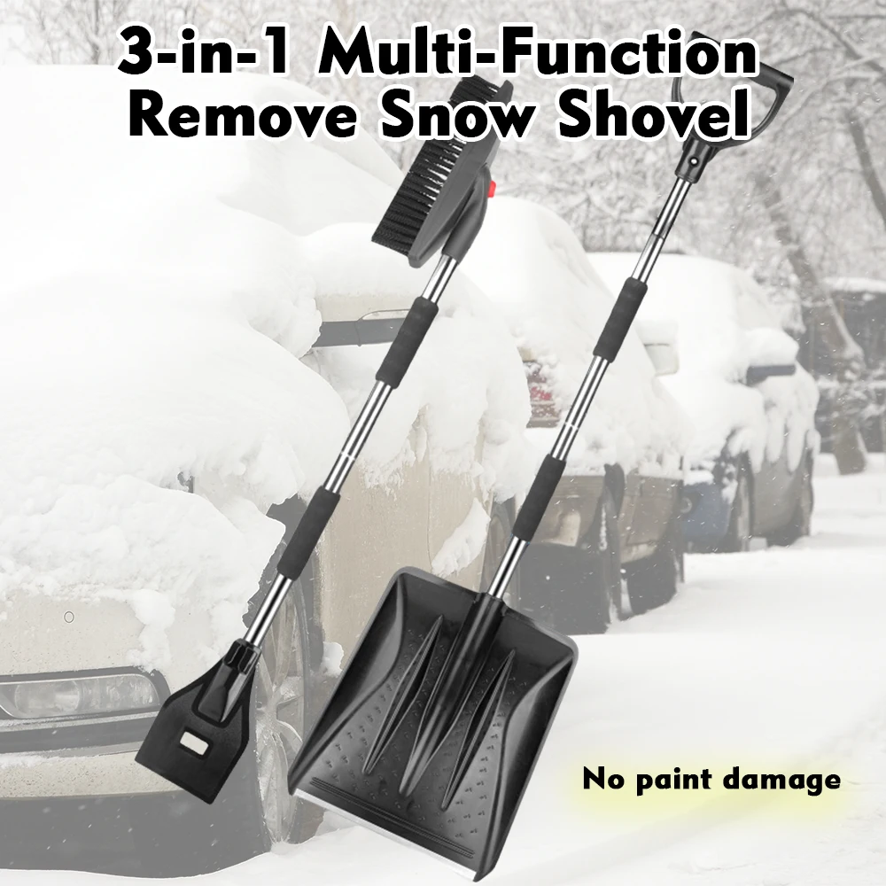 Car mounted snow shovel, metal stainless steel telescopic snow shovel, detachable ice removal device, shovel cleaning and defros