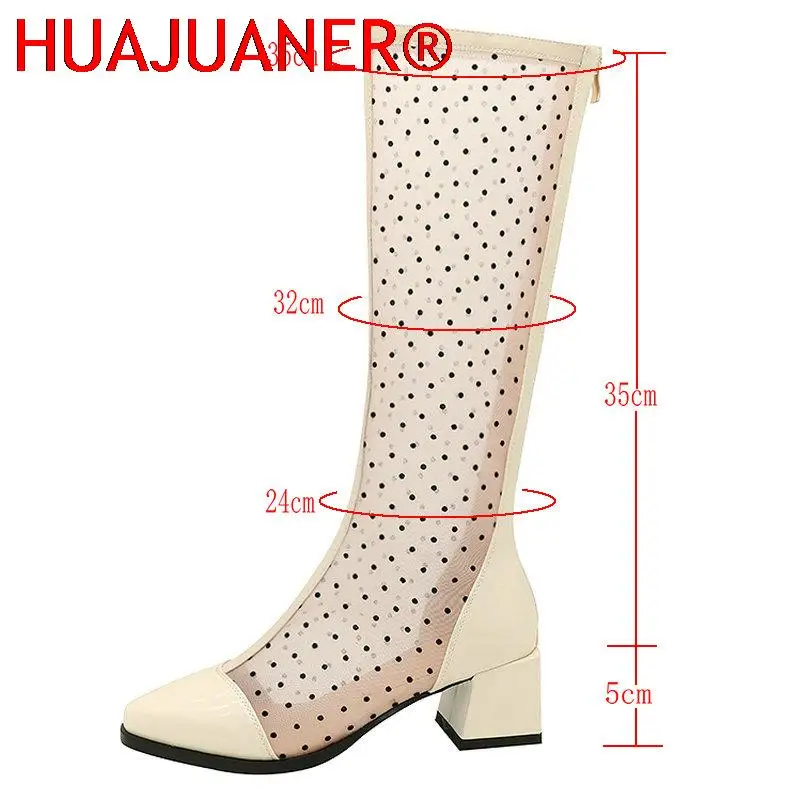 2023 New Summer Women Knee High Boots Patent Leather Mesh Zipper Low Heel Long Boots Fashion Pointed Toe Autumn Lady Shoes