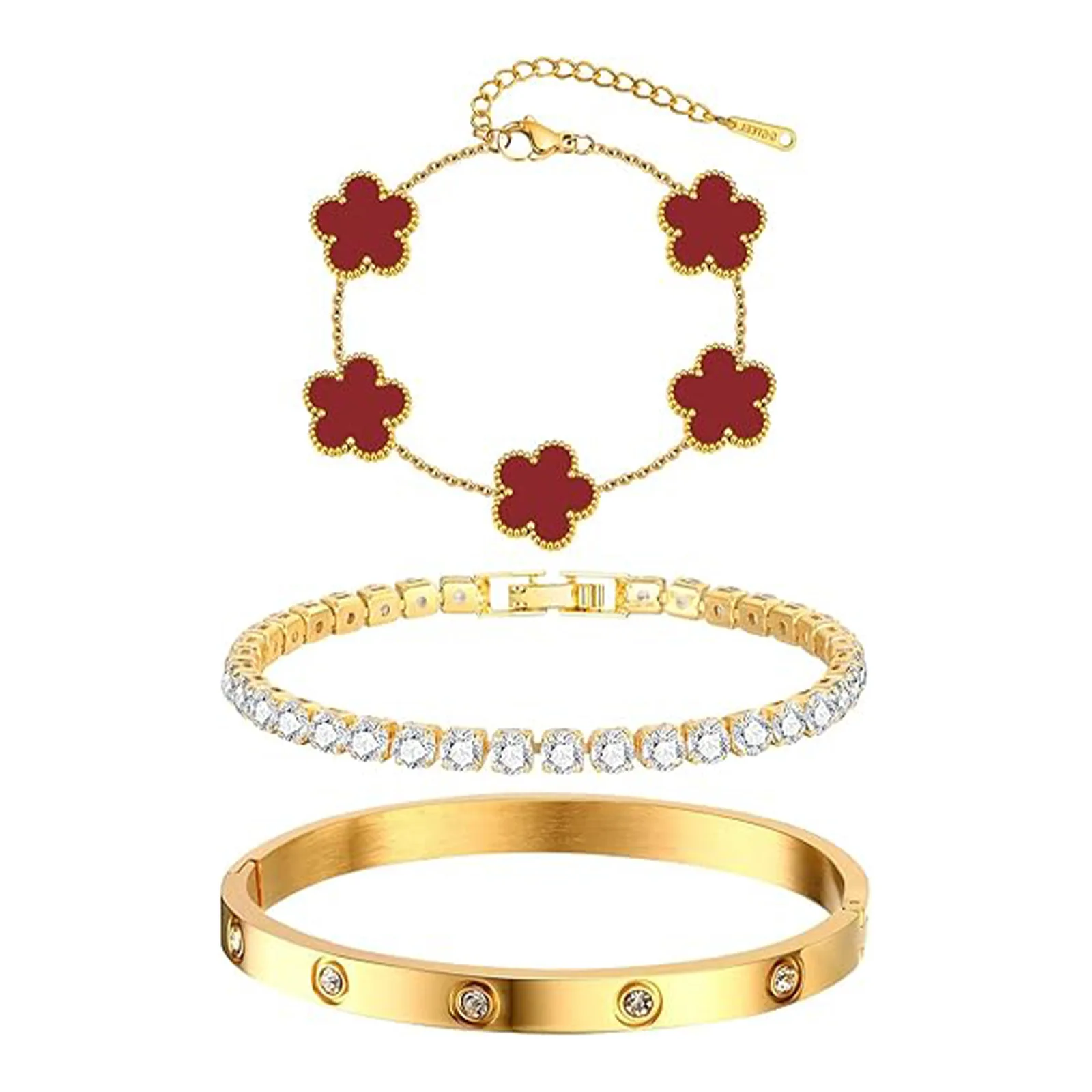 3Pcs Flower Stackable Gold Bracelet Set 18K Gold Plated Stainless Steel Wrist Jewelry Valentine Birthday Gift for Women