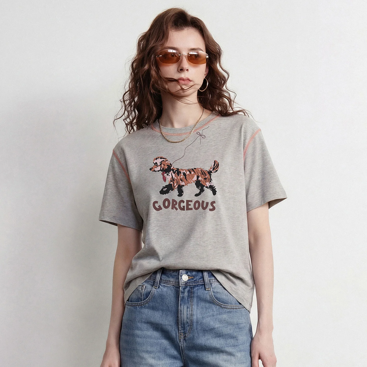 TOYOUTH Women Cotton T-Shirt 2026 Summer New Color Block Stitching Dog Letter Print Loose Crew Neck Pullover Tops