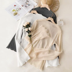 New Elastic Sheer Transparent Lace Blouse Women Black White  Apricot Female Bottoming Blouses S-3XL Size Cheaper Tops T Shirt