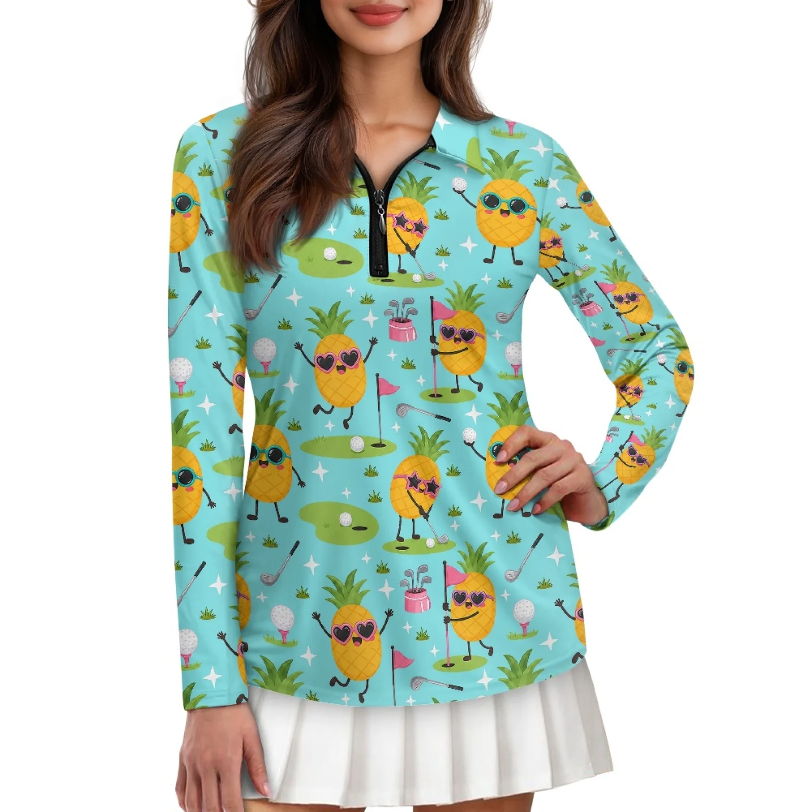 PENSTROLL Cartoon Pineapple Golf Print Womens Athletic Golf Hiking Shirts Tops Hiking Running Fishing Golf Shirt for Cycling