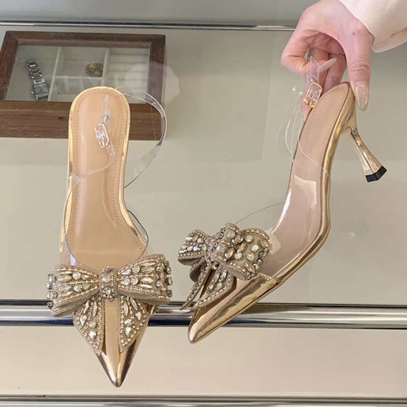 

Liyke Elegant Woman Bride Wedding Prom Shoes Sexy Back Buckle Strap Sandals Fashion Rhinestone Bowknot High Heels Women Pumps