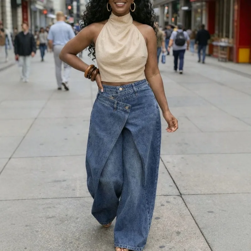 Women Cross Wrap Waist Skirt Overlay Jeans, Asymmetric Button Wide Leg Floor Length Trousers, Faux Two Piece Denim Pants