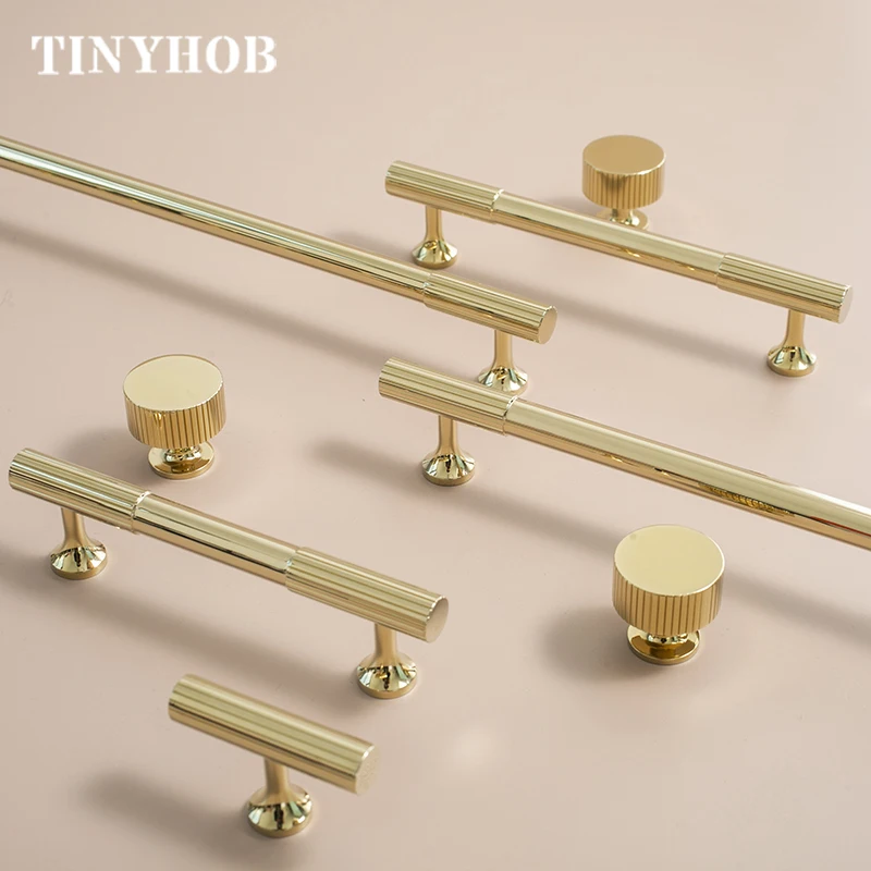 Solid Brass Knurled Cabinet Pulls Shiny Gold Drawer Knobs T Bar Furniture Handles for Kitchen Cupboard Wardrobe Door Hardware