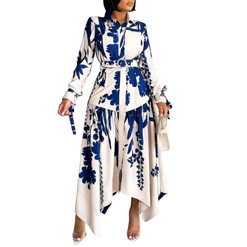 African Print Dresses For Women Big Size Fashion Nigeria African Clothing Lapel Long Sleeve Irregular Long Dress Robe Femme