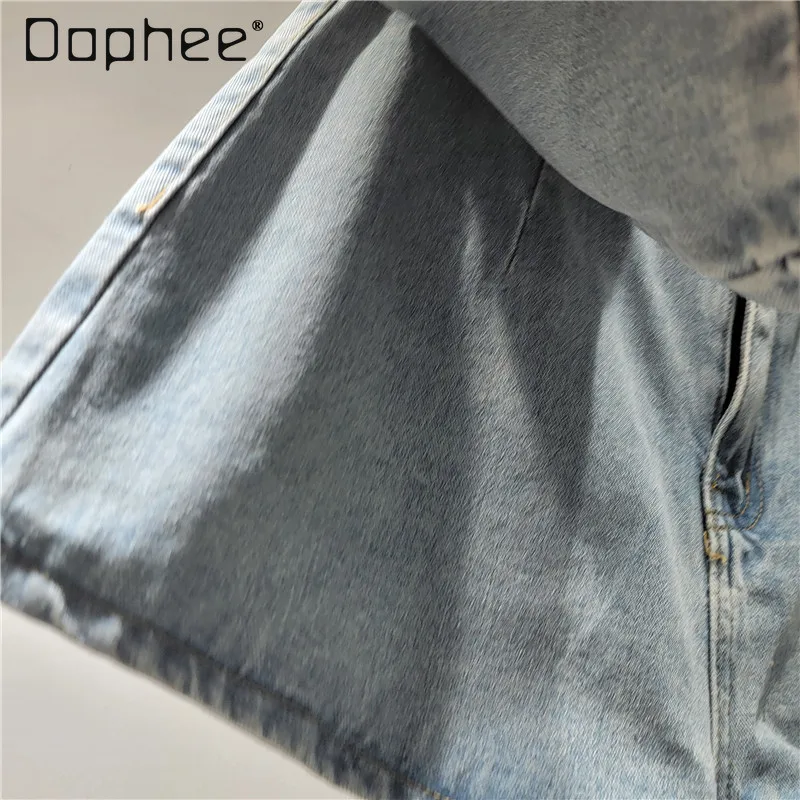 Three-dimensional Big Pocket Fashion Denim Shorts Women 2025 Summer New Solid Color Versatile Loose Slim A-shaped Wide-leg Pants
