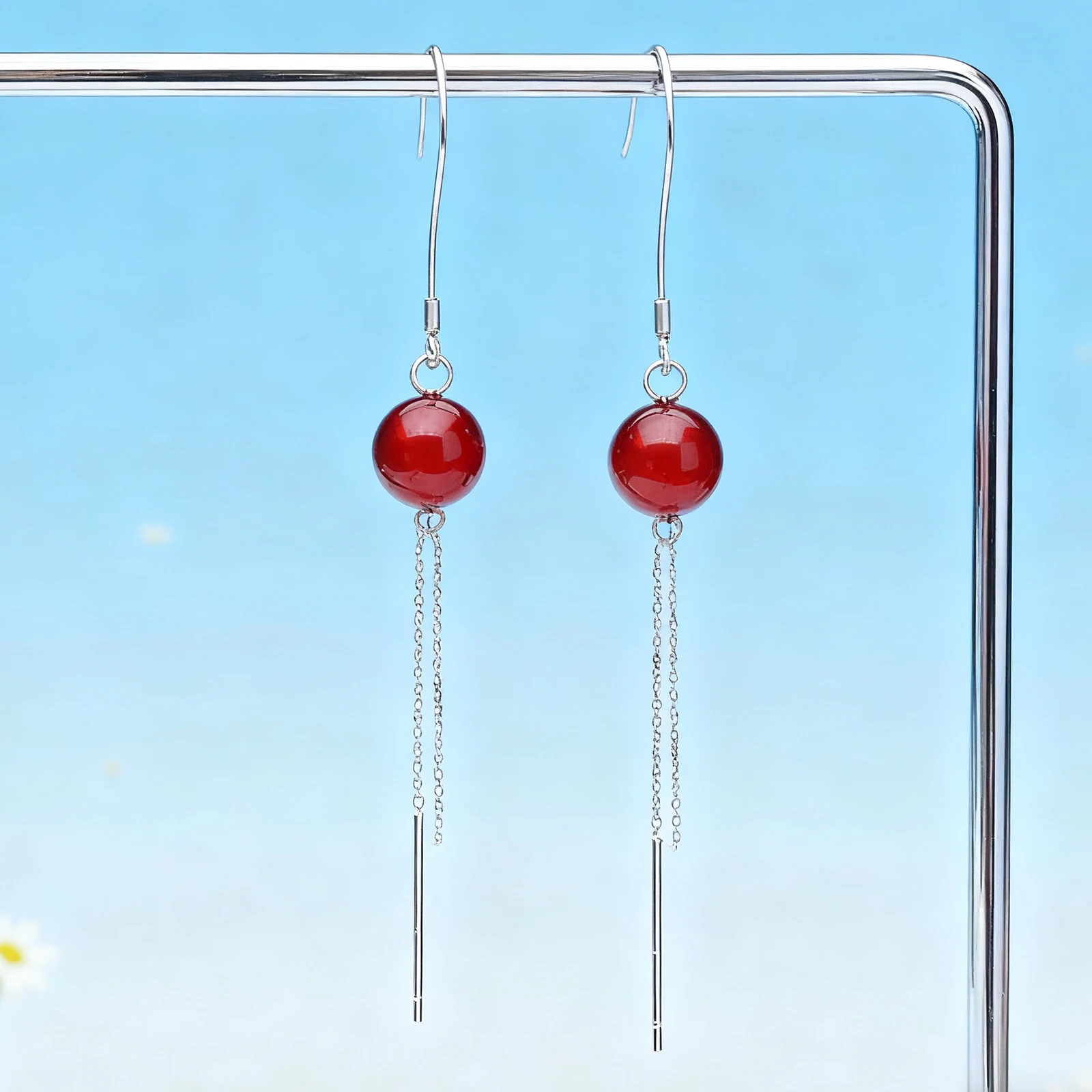 

Romantic Gift Natural Blood Amber Drop Earrings for Women Adjustable Ear Wire 9mm Round 925 Sterling Silver Anniversary Present
