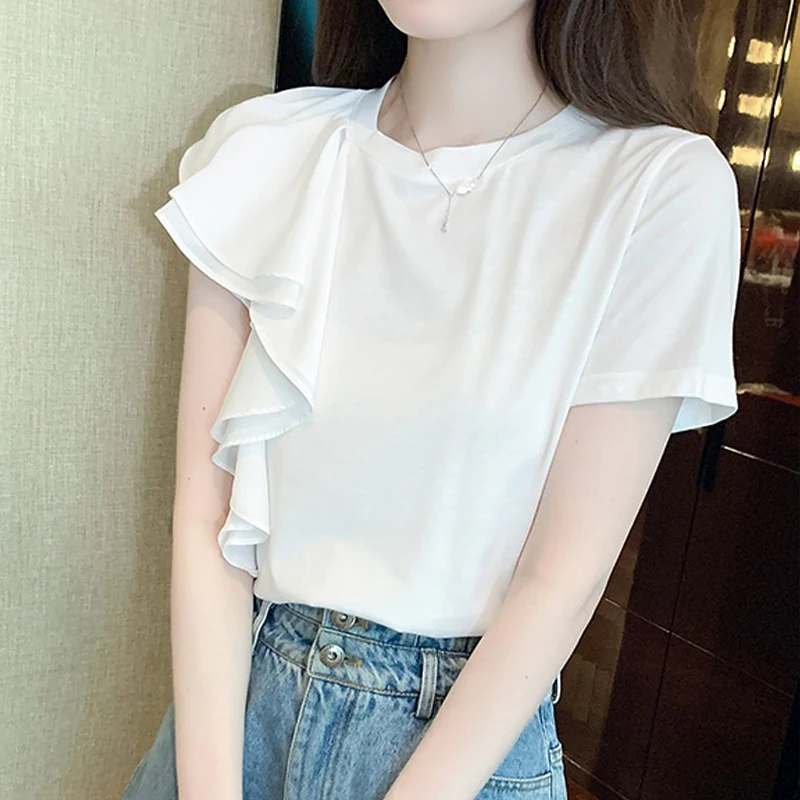Summer White Irregular Ruffled Blouse Women O Neck Fashion Short Sleeve Elegant Shirt Korean Female Casual Loose Tops 1004
