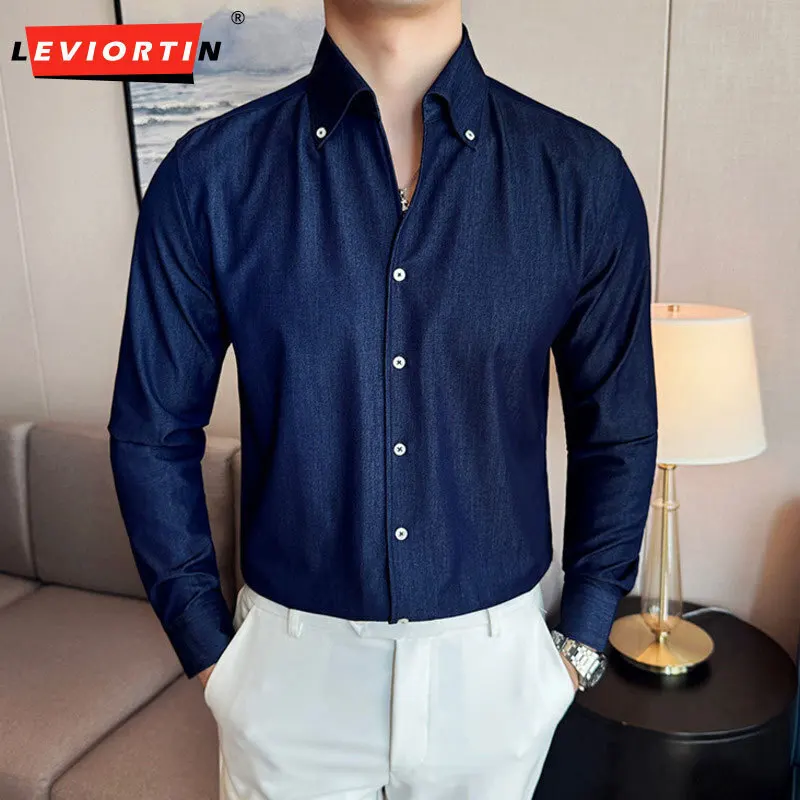 Autumn new men's high-end denim shirt fashionable wrinkle resistant soft solid color casual elastic slim fit long sleeved shirt