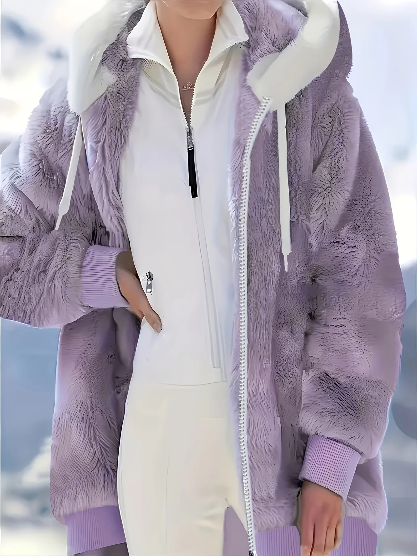 Women's Autumn and Winter Gentle Purple Hooded Zipper Jacket - Machine Washable