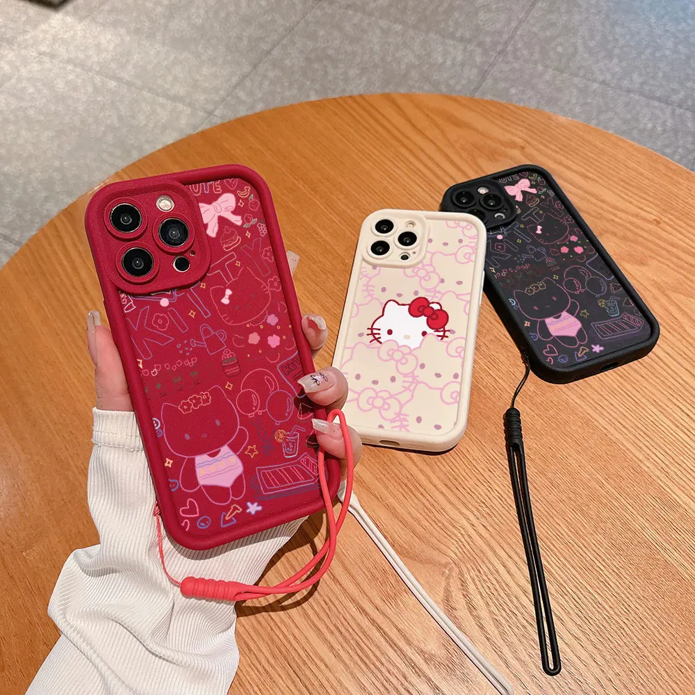 Cute Cat Hellos Phone Case For IPhone 15 14 13 12 11 Pro Max Mini XR XS X 7 8 Plus Soft TPU Back Cover K-Kitty With Hand Strap