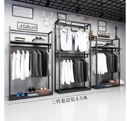 

Black clothing store display rack men's store shelves floor to floor double-layer display hangers Iron art metal bag rack