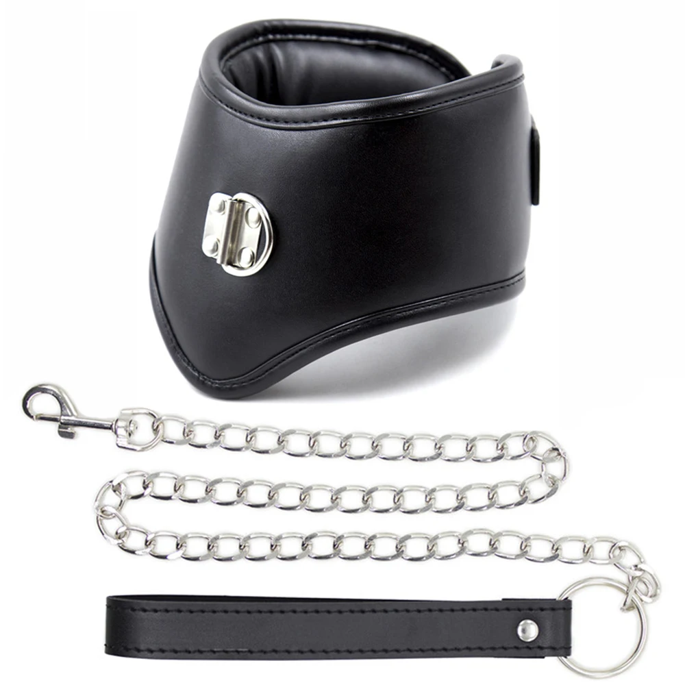 طوق للرقبة مصنوع من جلد البولي يوريثان BDSM مع حلقة سحب ومقود بسلسلة قابل للضبط وحزام عبودية للصنم ألعاب جنسية
