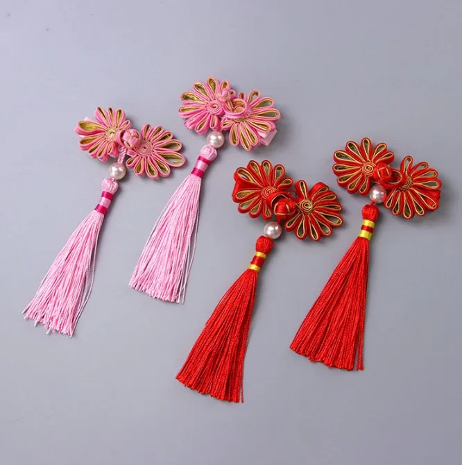 1Pair Cute Chinese New Year Red Pink Bows Hair Clips Chinese Style Kid Girl Tassel Hairpins Hair Accessories Hanfu headwear