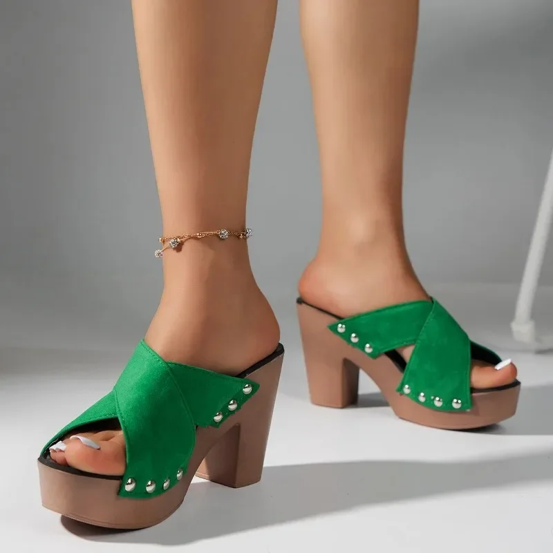 Sandalias con plataforma cuadrada para Mujer, Zapatos De tacón alto con remaches, informales, elegantes, Punta abierta, novedad De verano, 2024