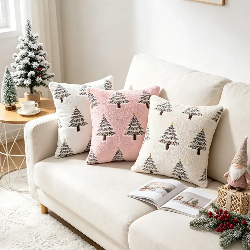 Embroidered Throw Pillow Case Faux Rabbit Fur 18x18 Inch Cushion Covers Christmas Tree Soft Cozy Tufted Pillow Cover Sofa Decor