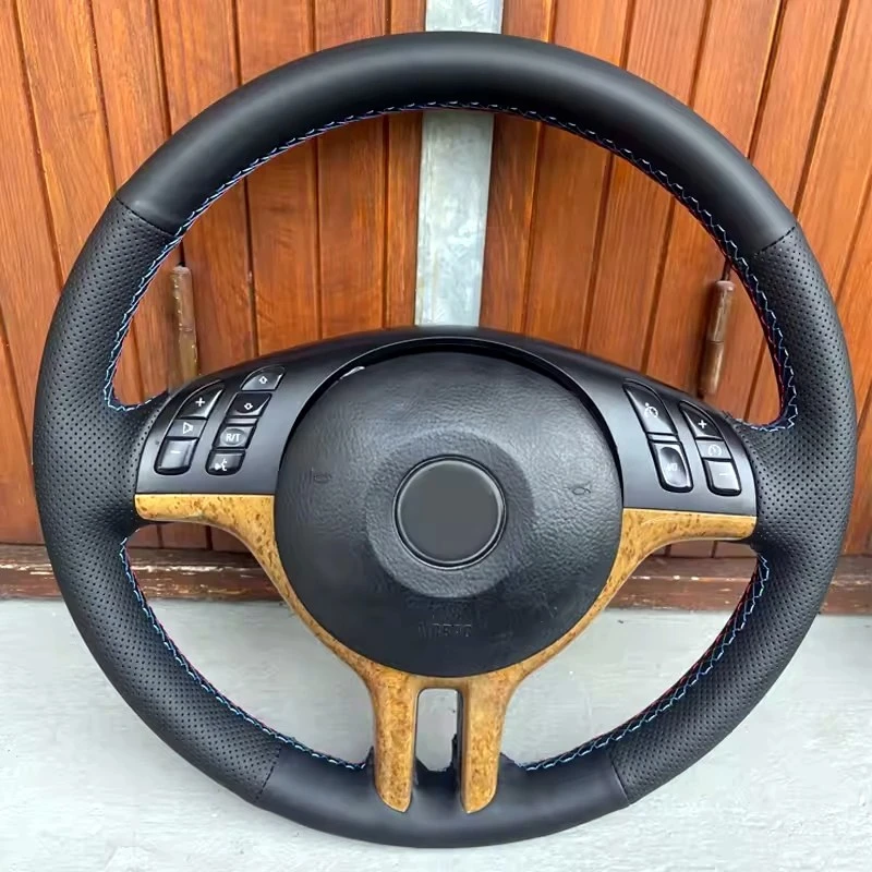 Car Steering Wheel Cover Hand-Stitched Black Artificial Leather for BMW E46 2000 2001 2002 2003 2004 2005 325i X5 E53 2000 2001