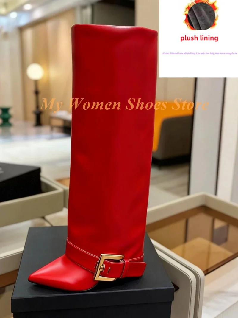 

Metal Buckle Turn Over Boots Knee High Sexy Pointy Toe Stiletto Thin High Heel Runway 2026 Winter Autumn Women Dress Shoes