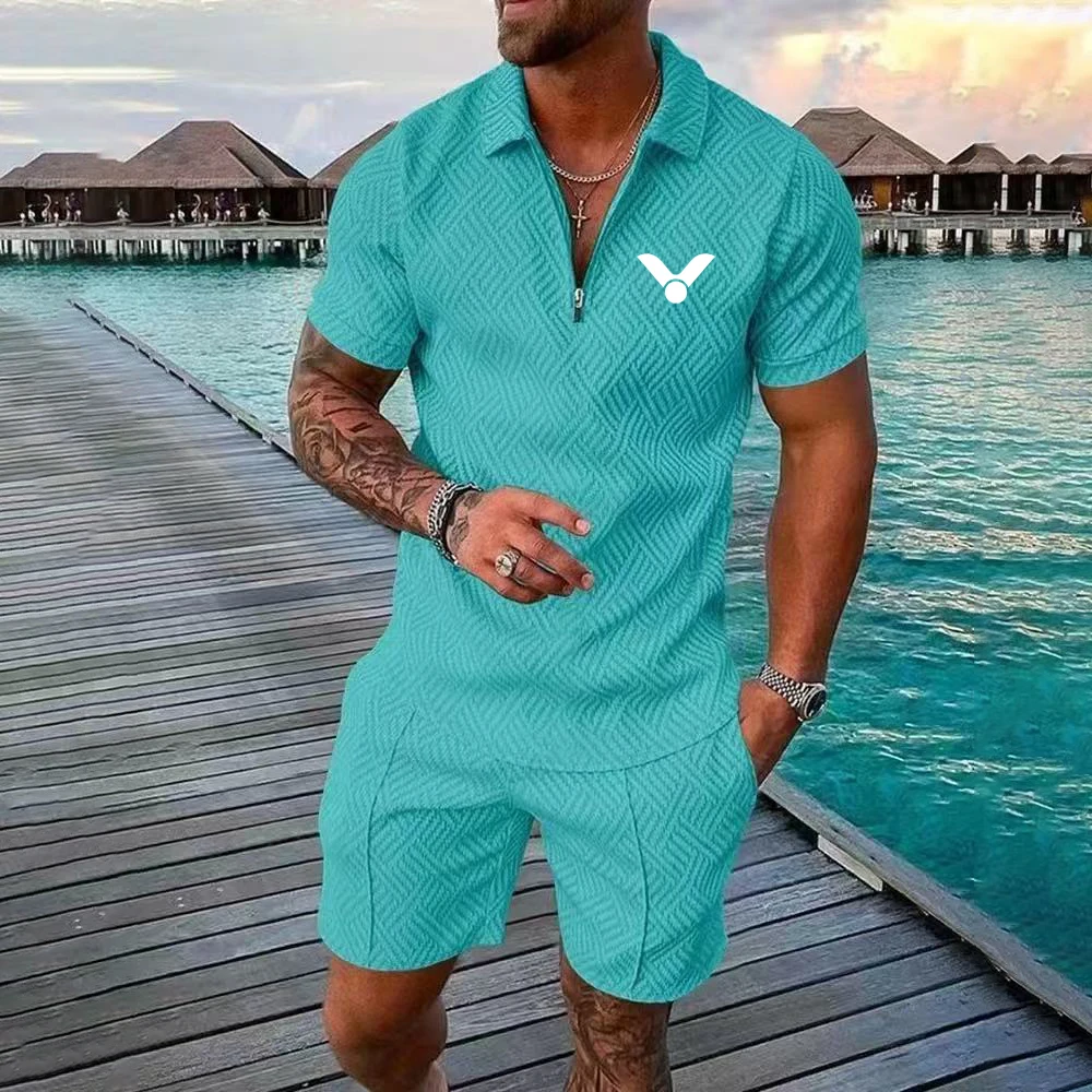 

Brand Summer Men's Quick drying Zipper Polo Shirt Set 3D Printed Badminton Breathable Sports Training T-shirt Large Loose Casual
