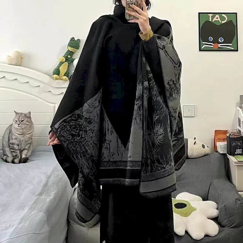 Scarf Women Luxury Vintage Graffiti Black Cashmere-like Aesthetic Female Scarf Casual Korean Style Winter Warm Pashmina Shawl