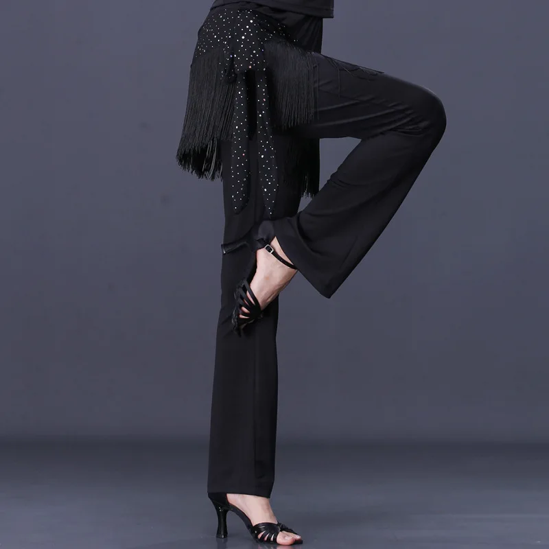 Women Latin Dance Costume Sequin Tassel Long Pants Square Sailor Dancewear Trousers Standard Ballroom Dresses for Female