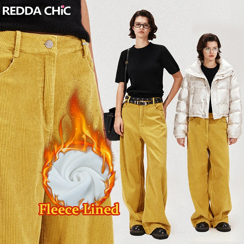 

ReddaChic Women Winter Fleece Lined Corduroy Pants Yellow Plain Zipper Split High Waist Wide Leg Casual Trousers Vintage Clothes