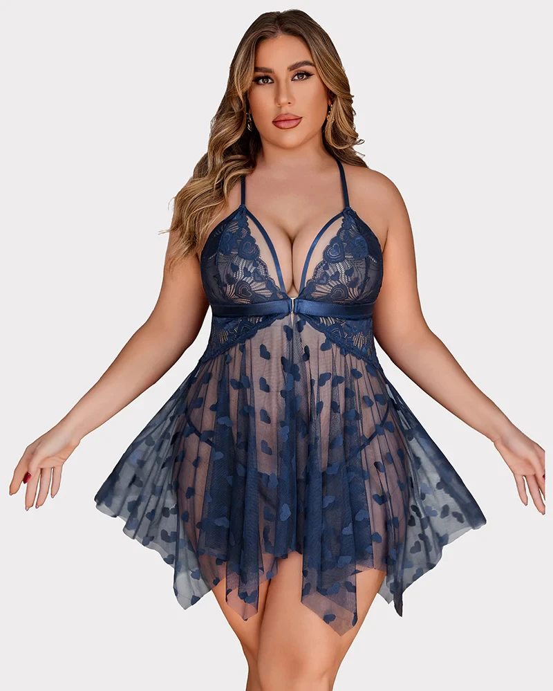 plus Size Heart-Patterned Lace-Trimmed See-Through Nightgown Front-Buttoned Split-Hem Backless Pajamas Women's Sexy Lingerie