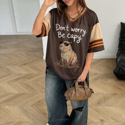 Cool Sunglasses Capybara Letter Print V Neck Jersey Brown Beige Color Block Strip Cuff Retro Casual Streetwear Sports Top