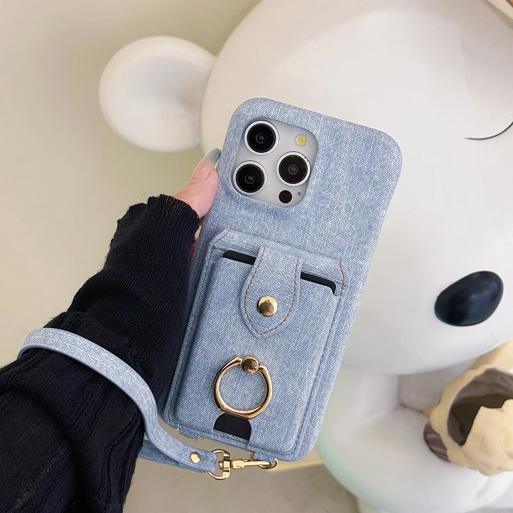 Modische Ringkartenhülle aus Denim-Leder für iPhone 17 Pro Max 16 15 14 13 12 – Stoßfeste, tragbare Schutzhülle mit Trageriemen