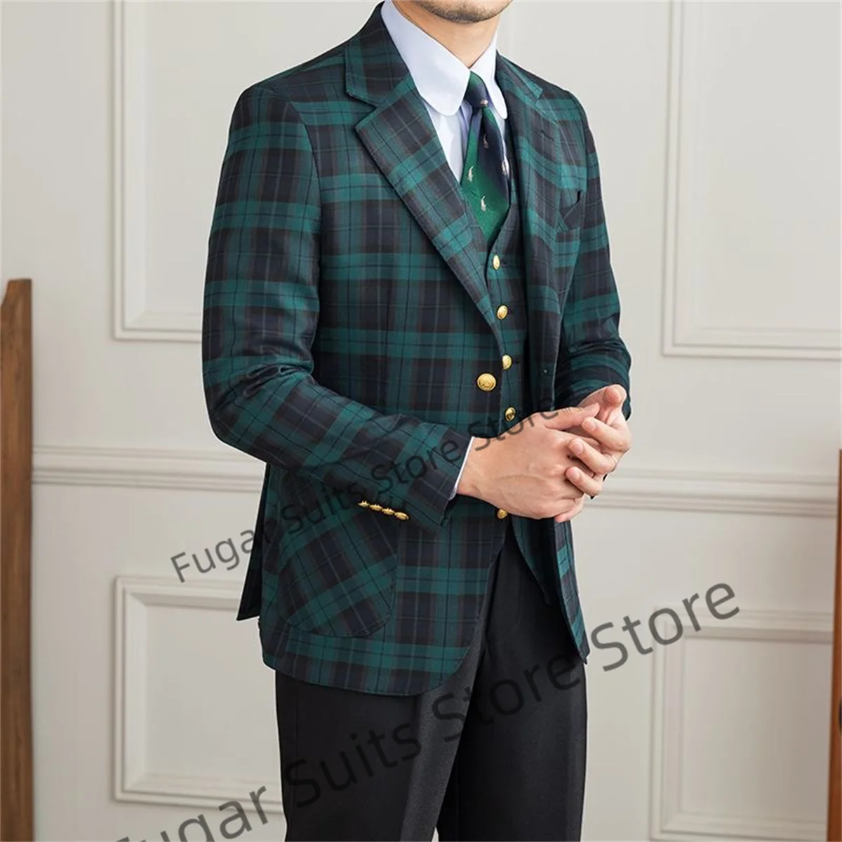 Ternos xadrez estilo inglês masculino, slim fit, lapela entalhada, noivo do casamento, soco formal, traje de blazer masculino elegante, masculino, conjunto 3 peças