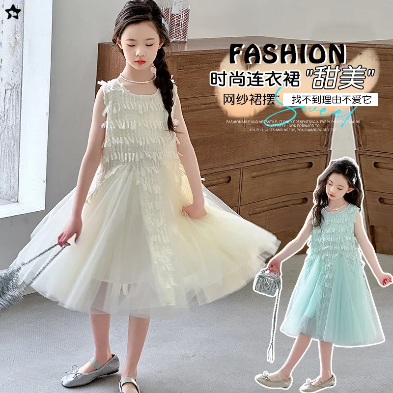 

Платье принцессы с кисточками для девочек-подростков, лето 2021, милое красивое платье с 3D лепестками на день рождения, элитное детское сетчатое платье для маленьких девочек, От 4 до 14 лет