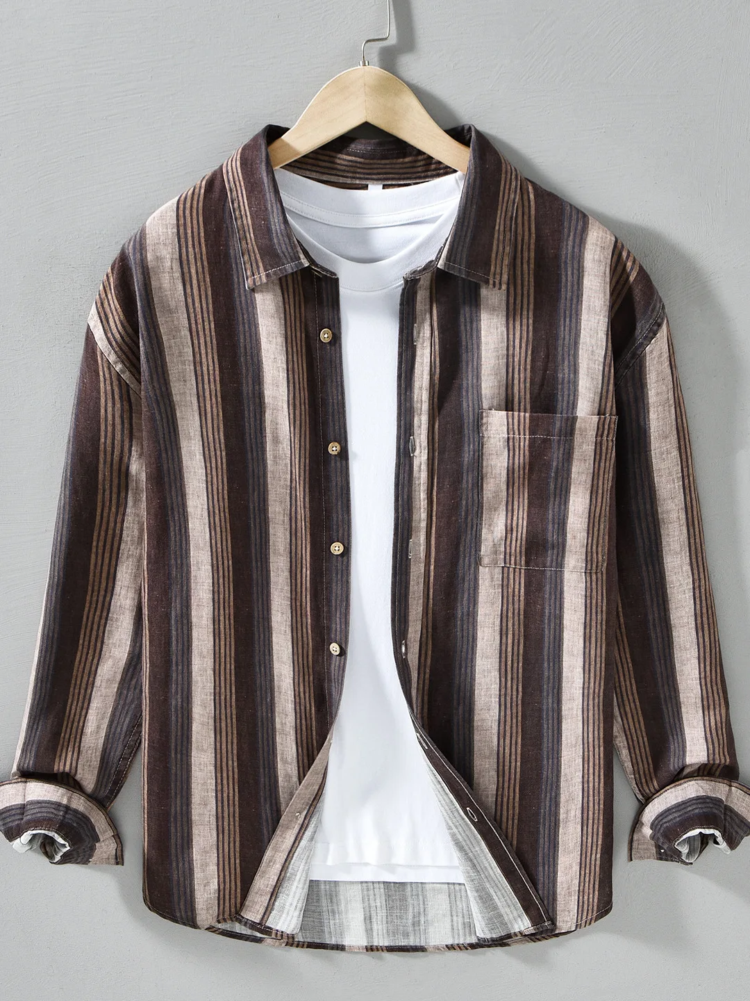 

Men's Long Sleeve Linen Shirt Casual Breathable Spring Season Stripe Pattern Linen Material Loose Fit Vintage Style